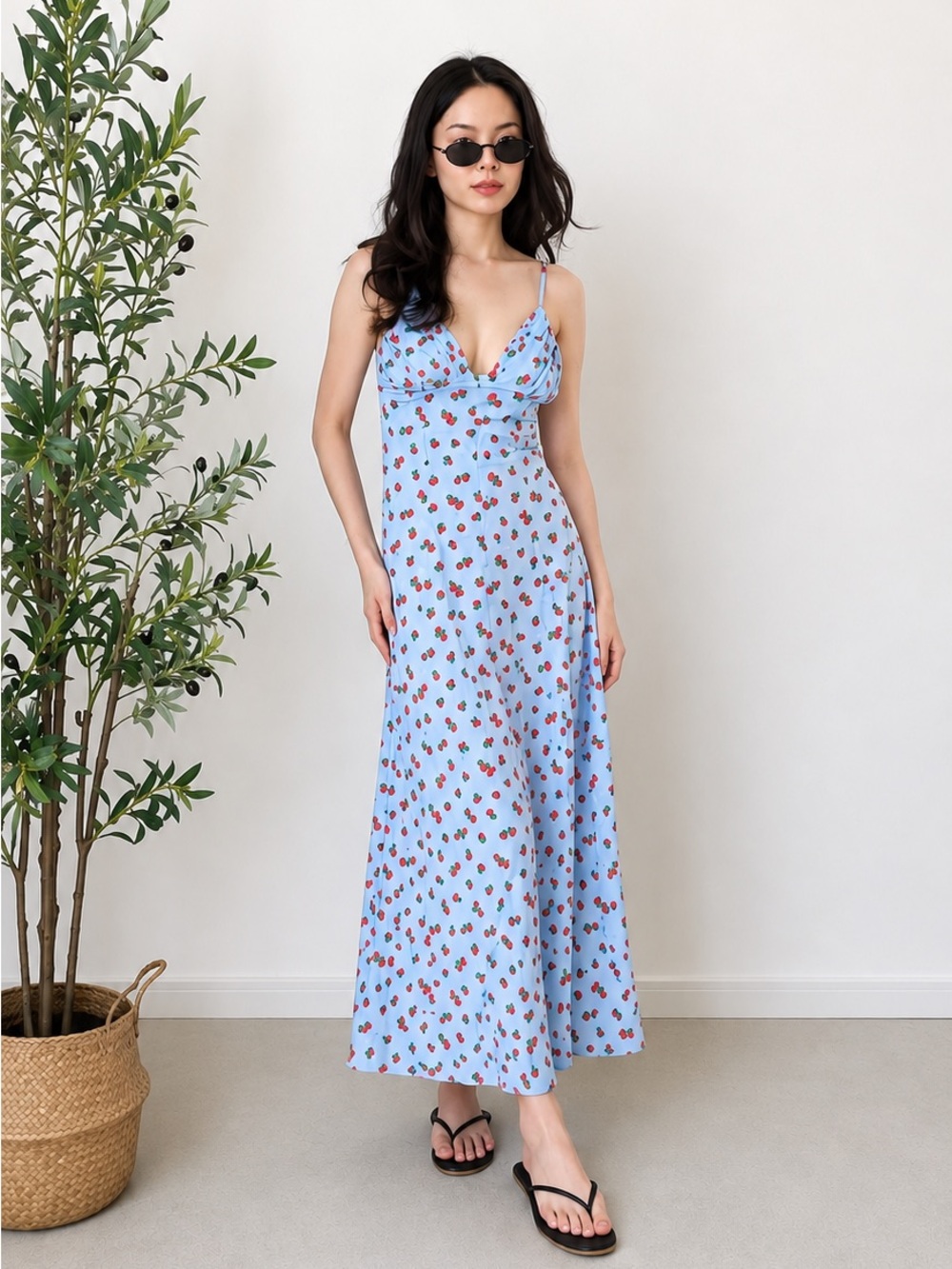 ZARA BNWT STRAWBERRY PRINT POPLIN MIDI DRESS. SKY BLUE 2934/388/403
